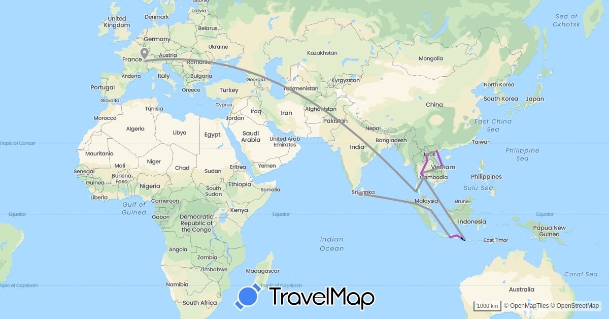 TravelMap itinerary: driving, bus, plane, train, boat in Switzerland, Indonesia, Laos, Sri Lanka, Singapore, Thailand, Vietnam (Asia, Europe)